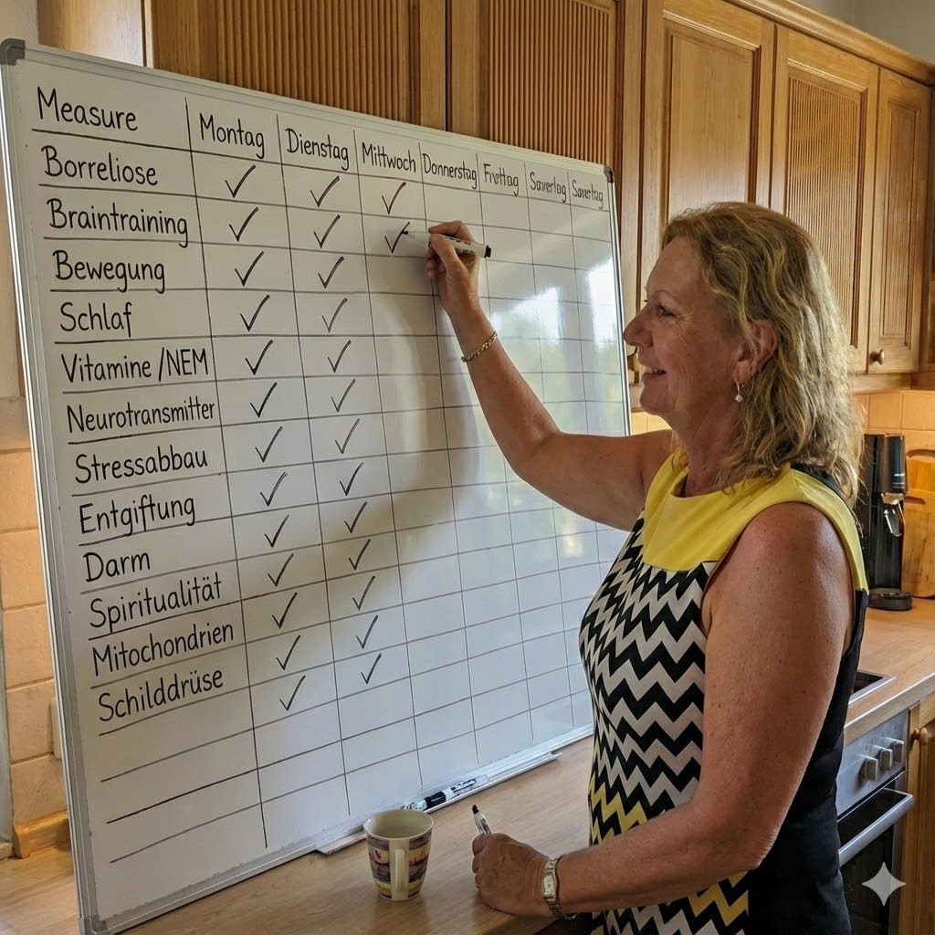 Laura Blaschko an ihrem Whiteboard mit den 14 Maßnahmen